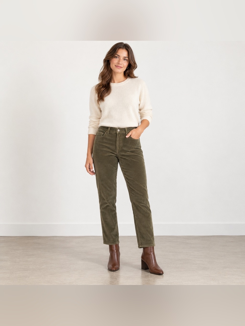 Lauren Ralph Lauren Petite 2P Olive Green Corduroy Pants Straight Leg Stretch
